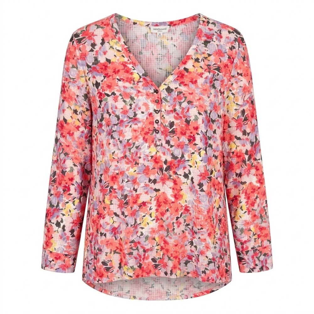 NEW Westbound Woman 2X Pink Floral Henley V-Neck Long Sleeve Waffle Knit‎ Top